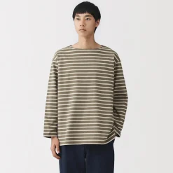 Outlet Muji Camiseta de manga larga y cuello ancho de algodón grueso lavado para hombre