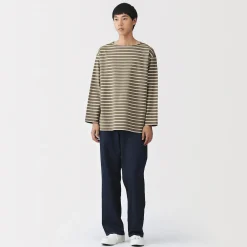 Outlet Muji Camiseta de manga larga y cuello ancho de algodón grueso lavado para hombre