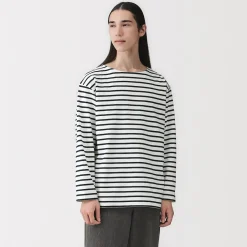 Outlet Muji Camiseta de manga larga y cuello ancho de algodón grueso lavado para hombre