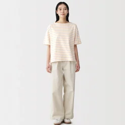 Discount Muji Camiseta de media manga, algodón grueso y cuello barco para mujer