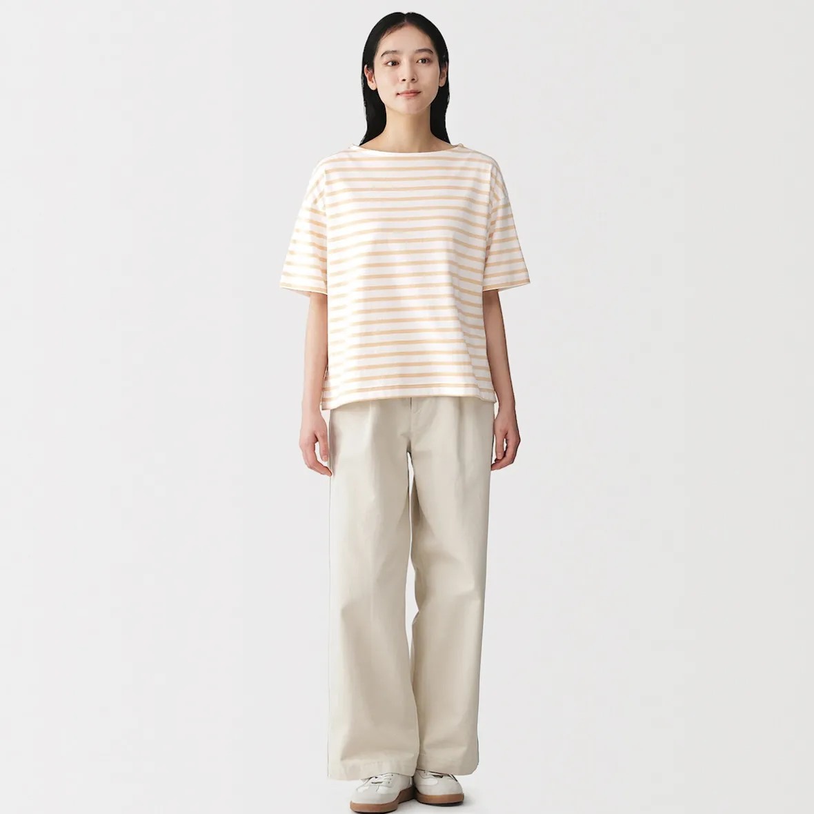 Discount Muji Camiseta de media manga, algodón grueso y cuello barco para mujer