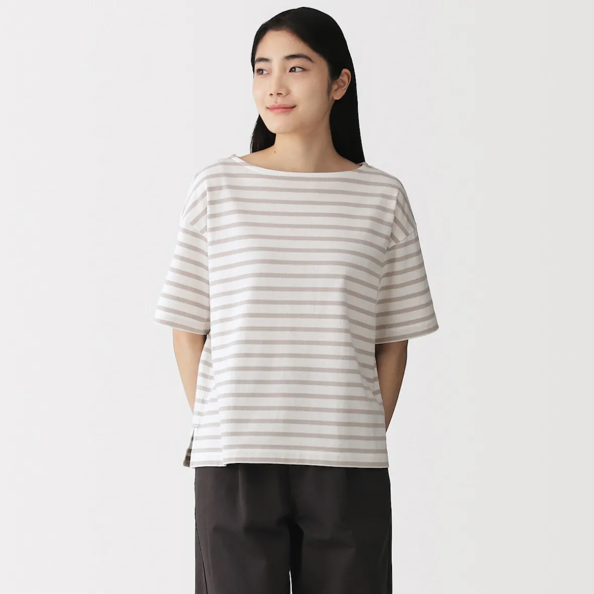 Discount Muji Camiseta de media manga, algodón grueso y cuello barco para mujer