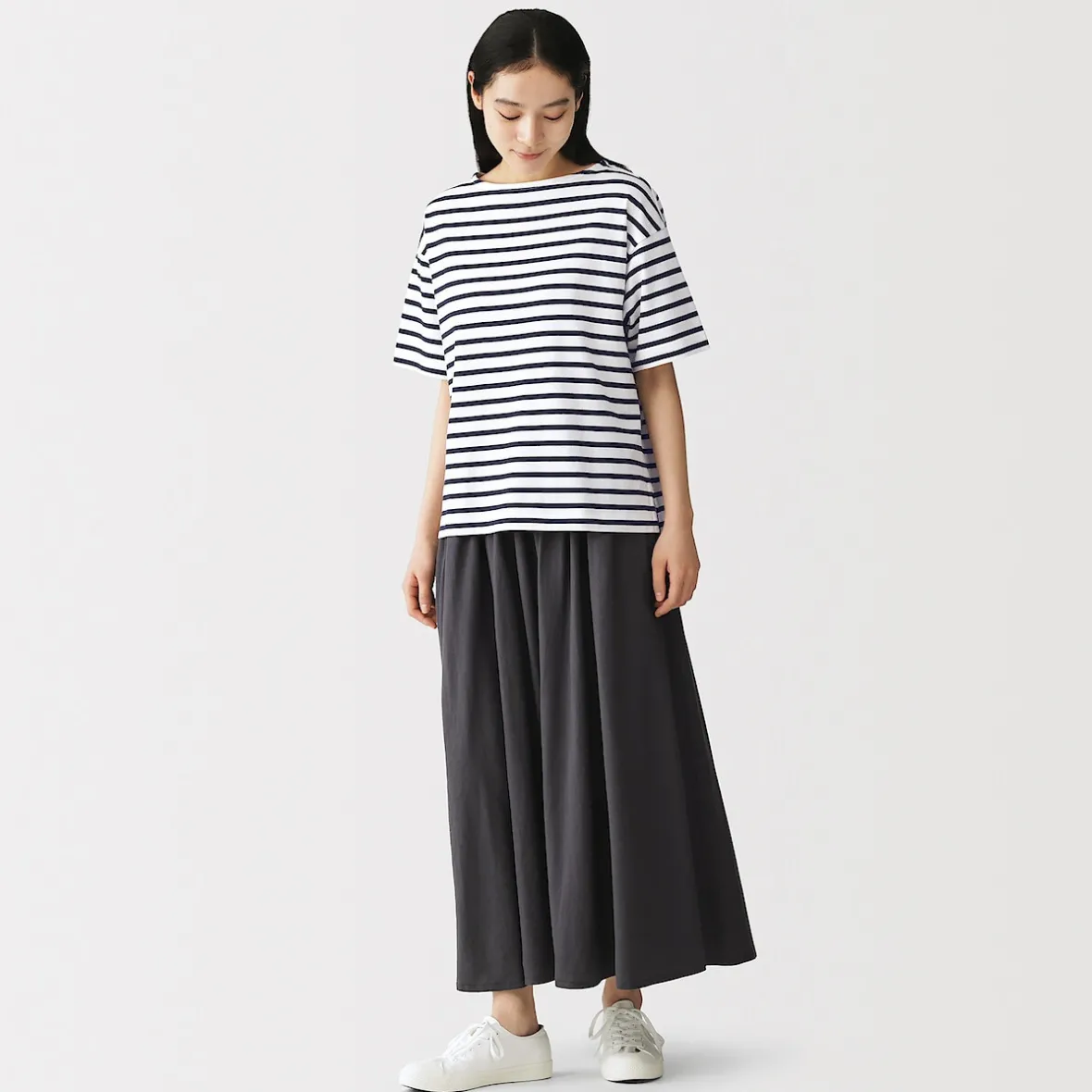 Discount Muji Camiseta de media manga, algodón grueso y cuello barco para mujer