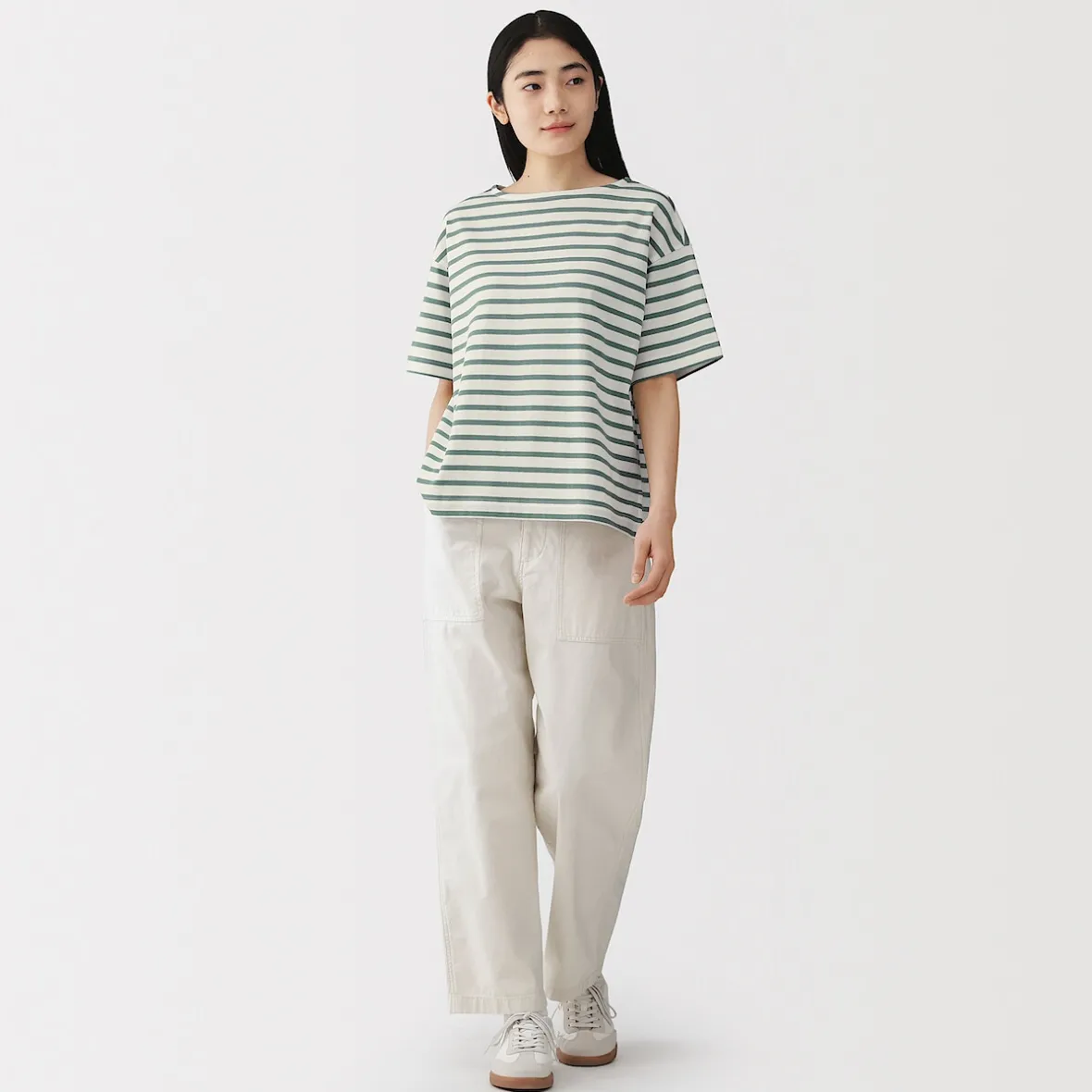 Discount Muji Camiseta de media manga, algodón grueso y cuello barco para mujer