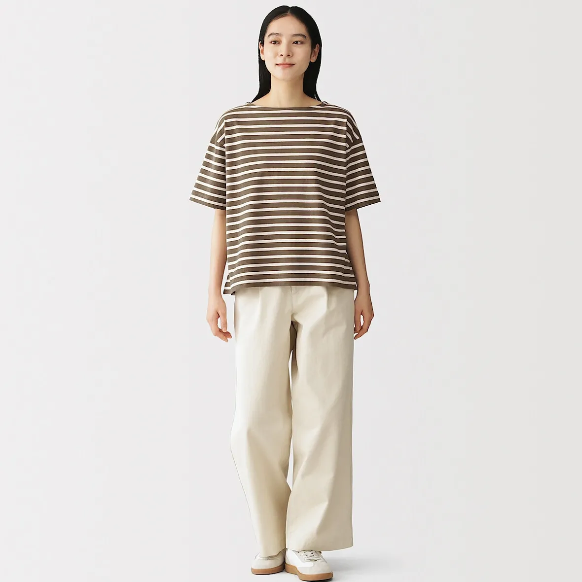 Discount Muji Camiseta de media manga, algodón grueso y cuello barco para mujer