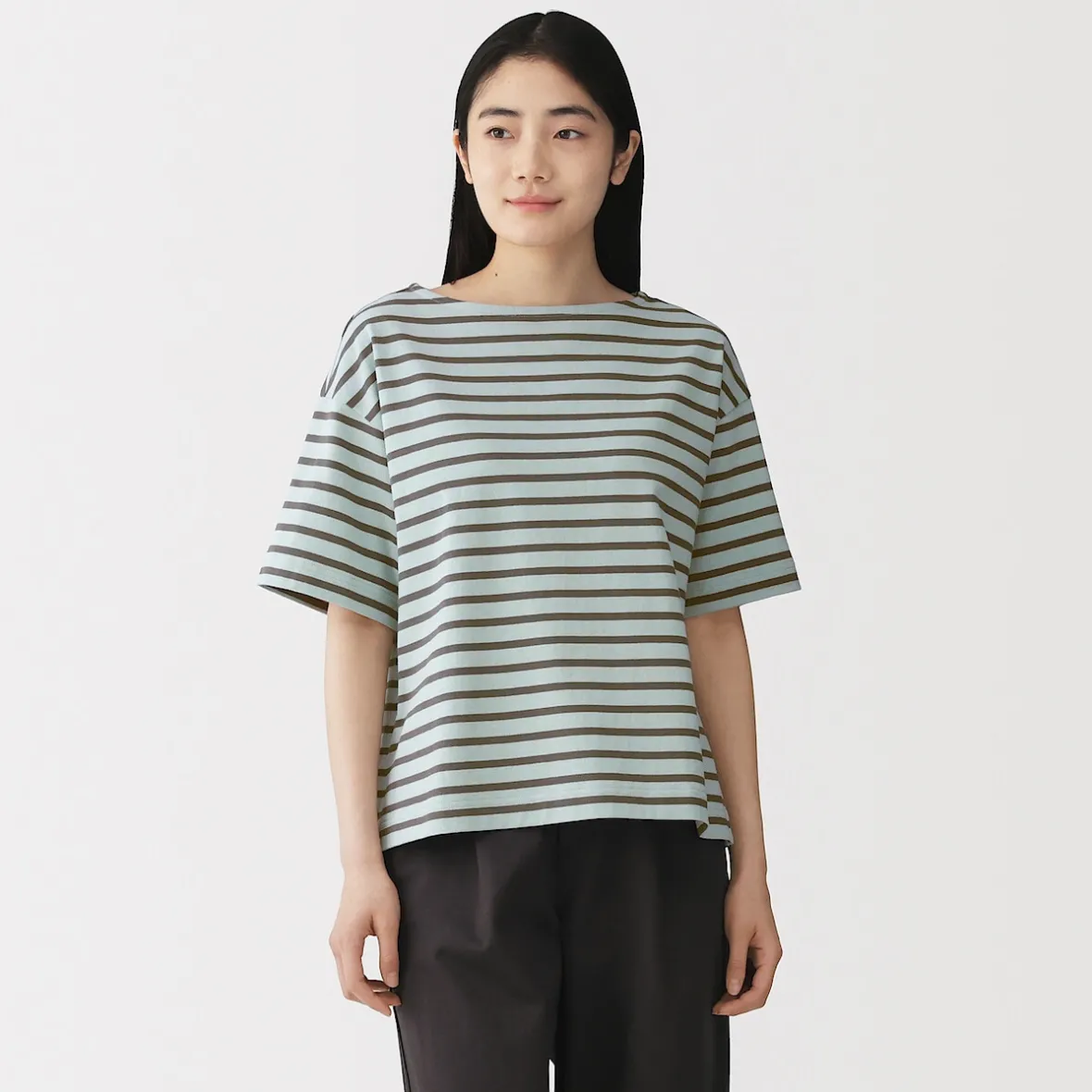 Discount Muji Camiseta de media manga, algodón grueso y cuello barco para mujer