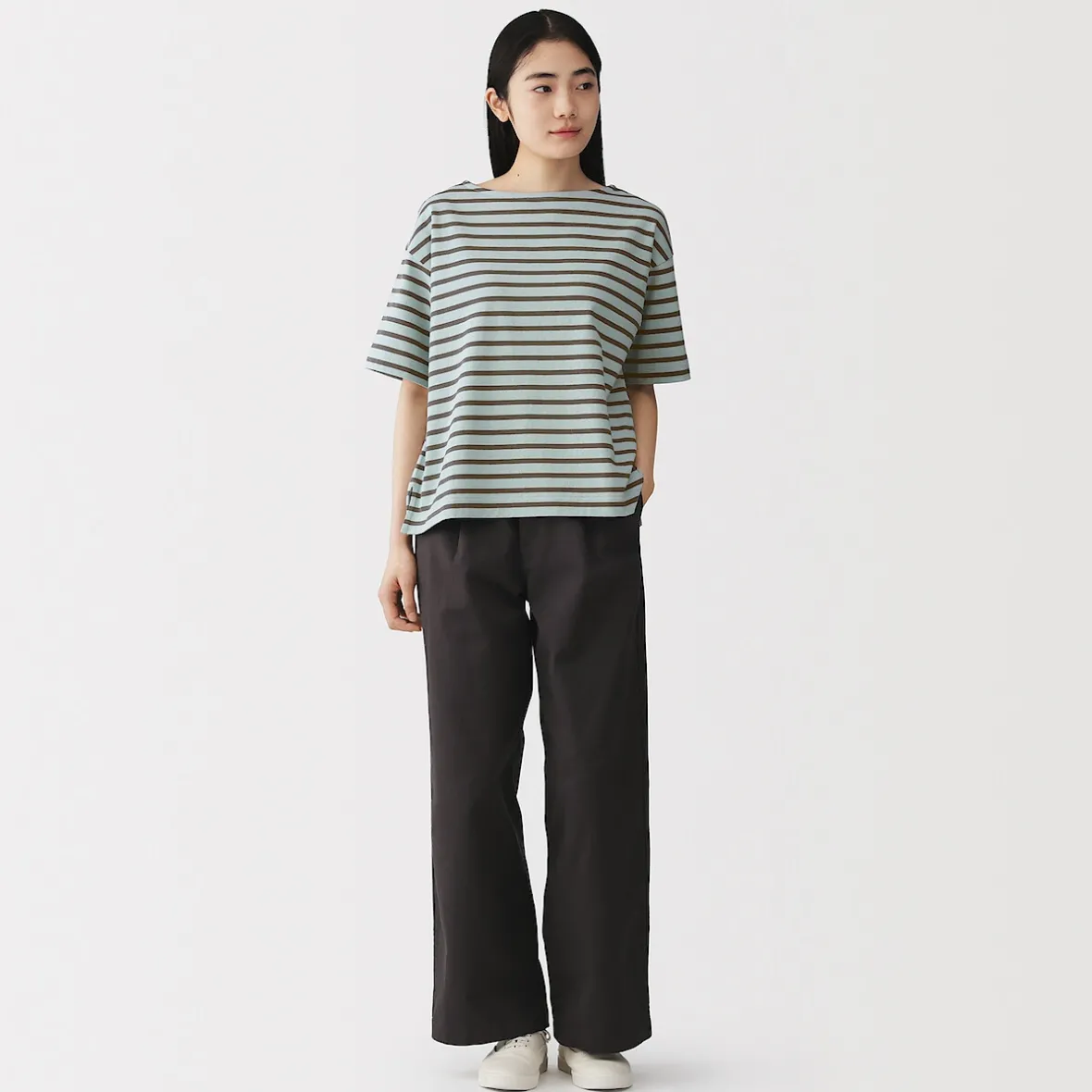 Discount Muji Camiseta de media manga, algodón grueso y cuello barco para mujer