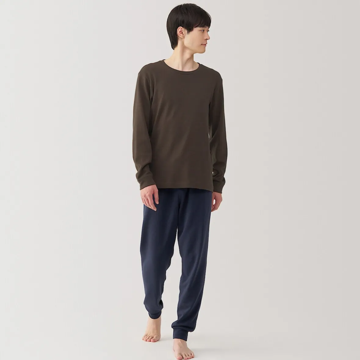 Muji Camiseta manga larga con cuello redondo de algodón cálido y lana para hombre