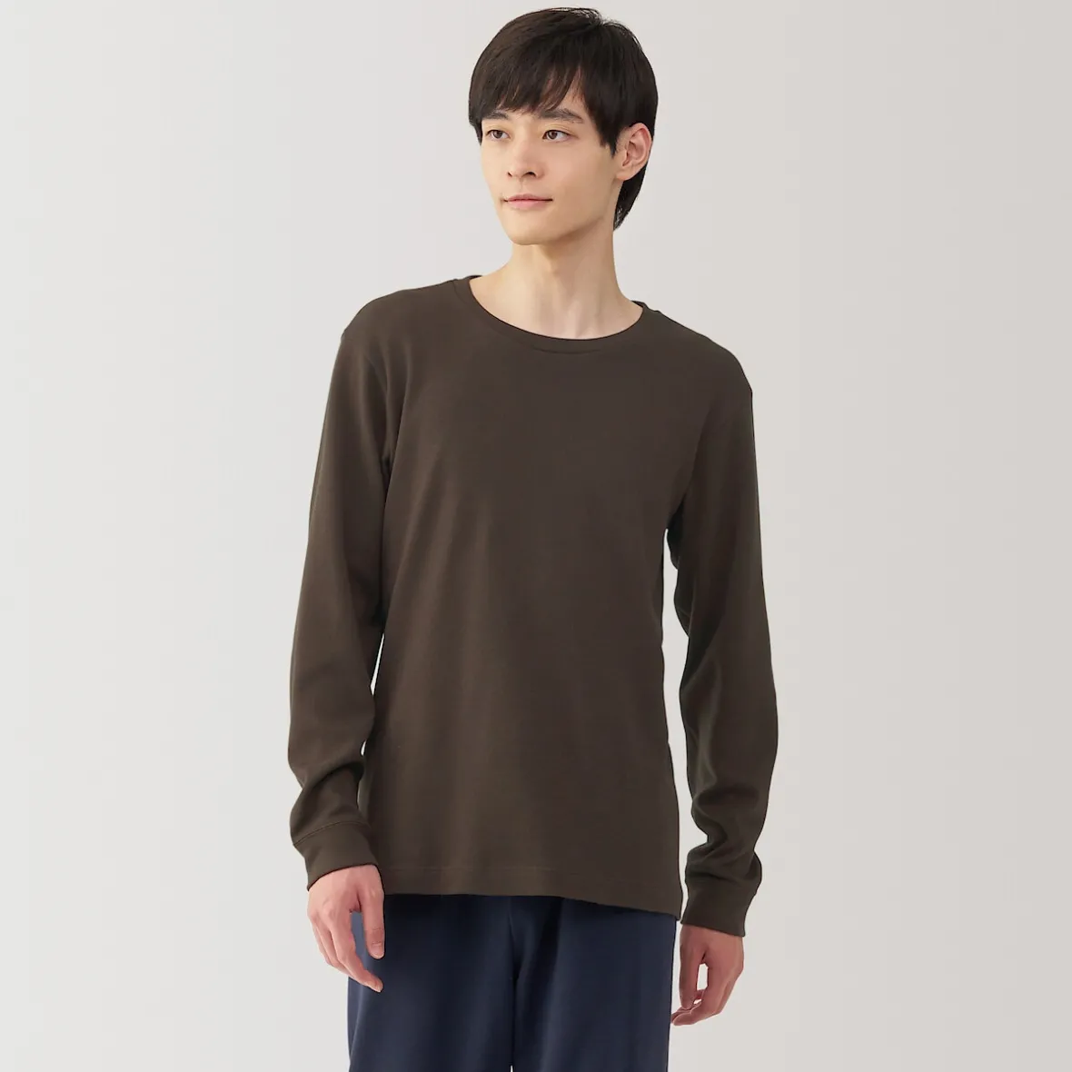 Muji Camiseta manga larga con cuello redondo de algodón cálido y lana para hombre