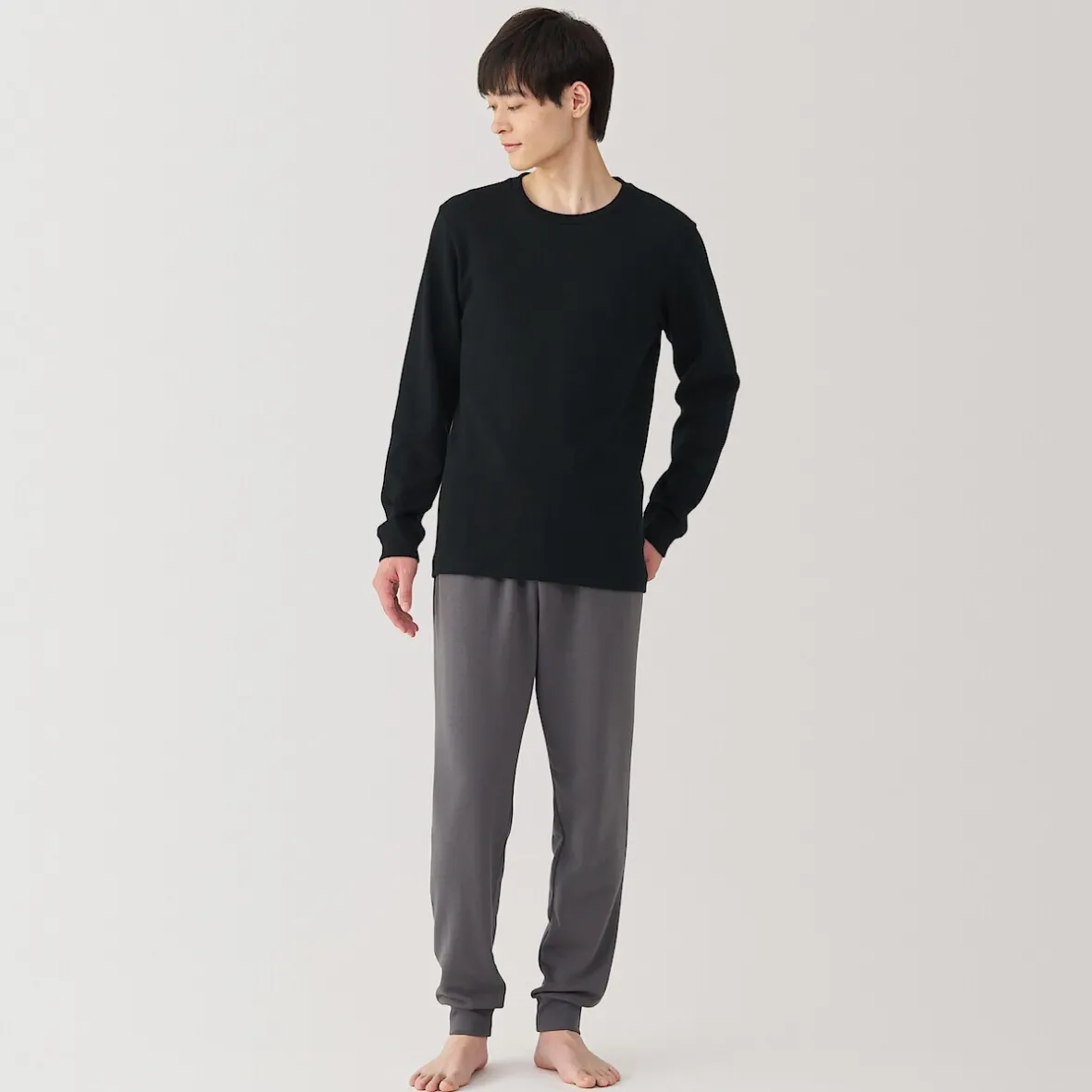 Muji Camiseta manga larga con cuello redondo de algodón cálido y lana para hombre
