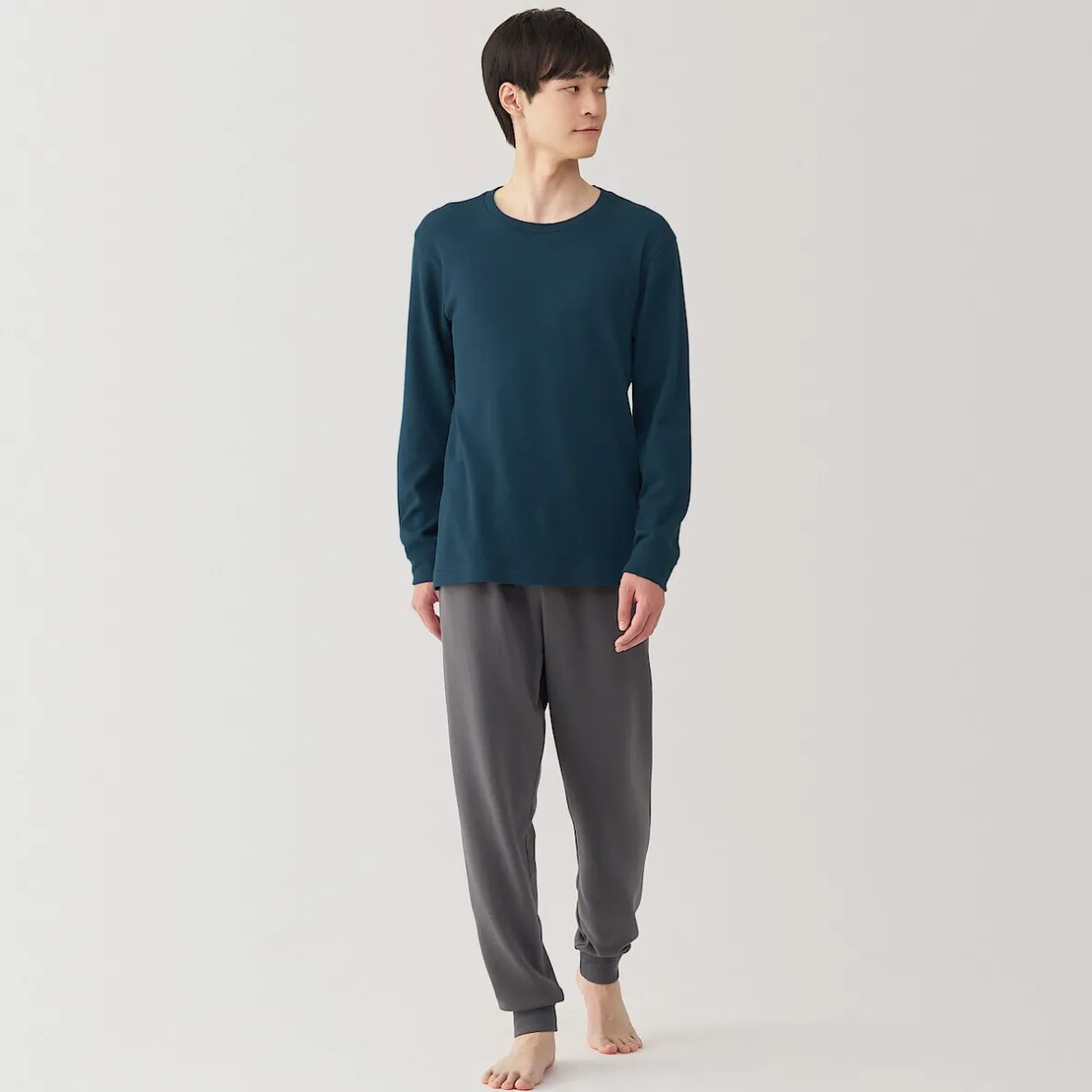 Muji Camiseta manga larga con cuello redondo de algodón cálido y lana para hombre