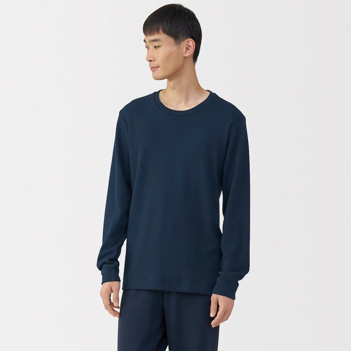 Muji Camiseta manga larga con cuello redondo de algodón cálido y lana para hombre