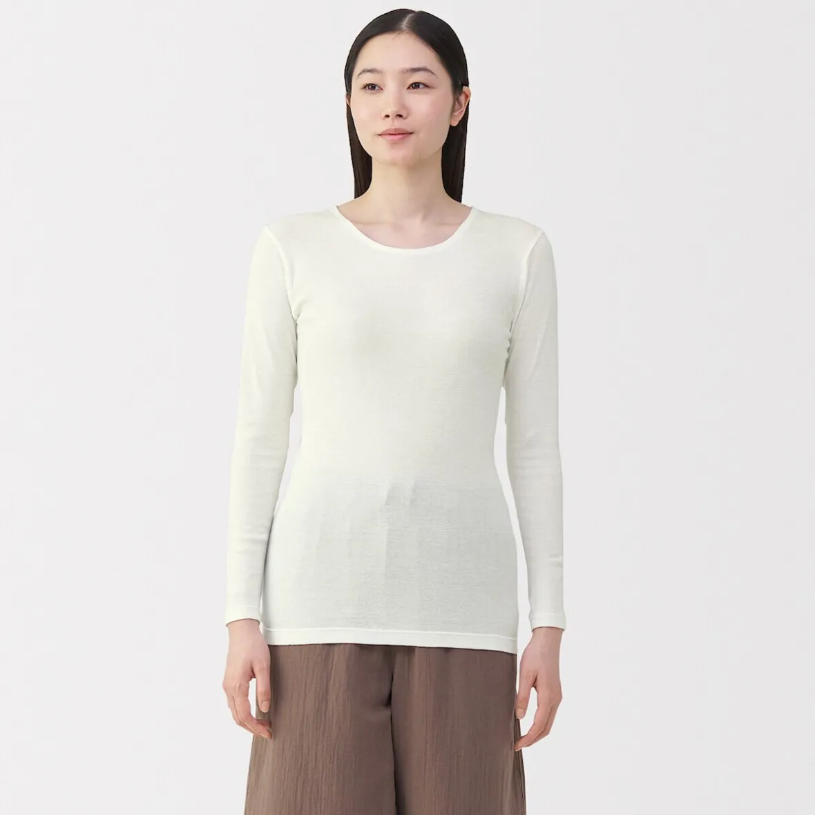 Sale Muji Camiseta manga larga con cuello en crew de algodón cálido para mujer