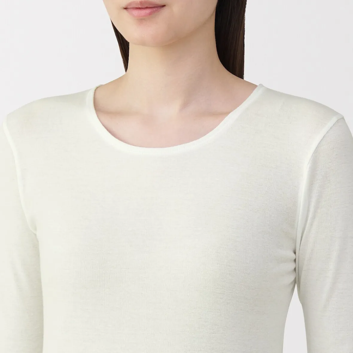 Sale Muji Camiseta manga larga con cuello en crew de algodón cálido para mujer