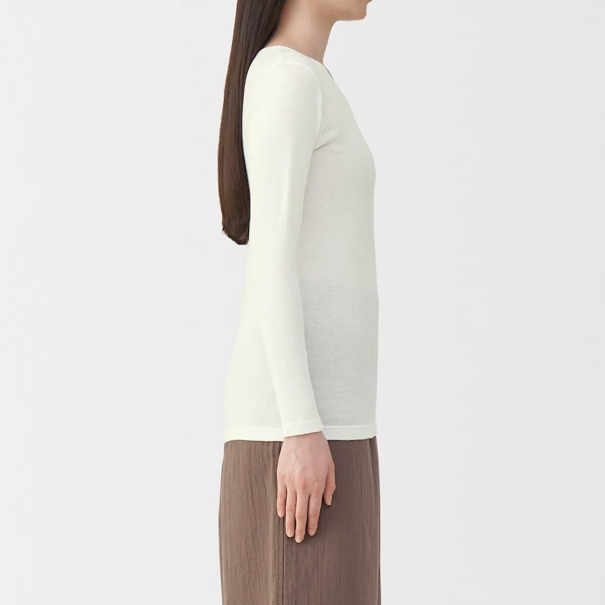 Sale Muji Camiseta manga larga con cuello en crew de algodón cálido para mujer