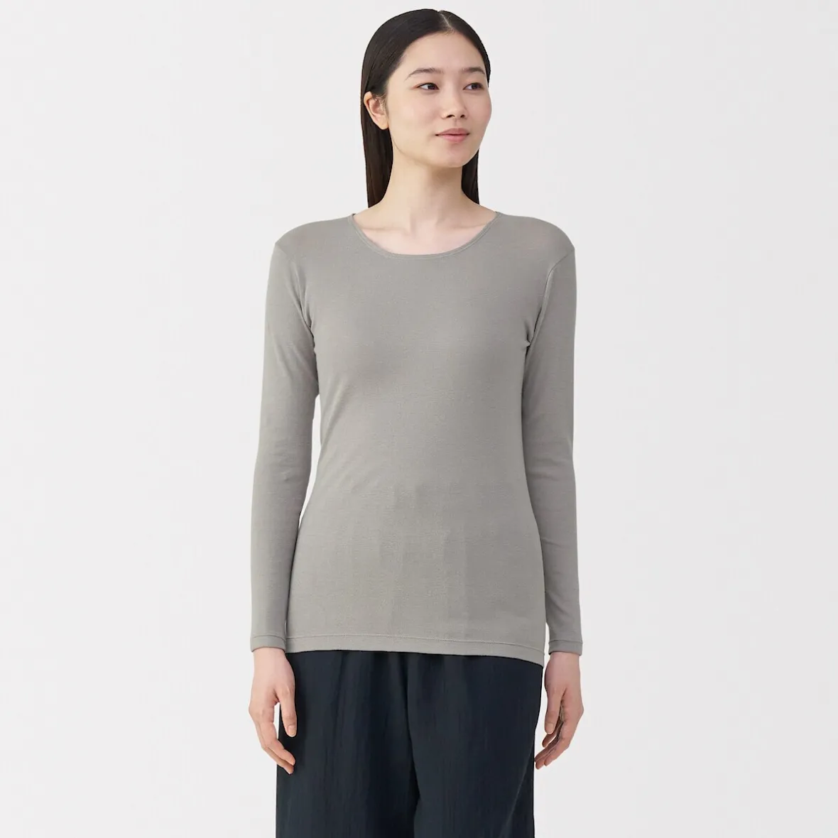 Sale Muji Camiseta manga larga con cuello en crew de algodón cálido para mujer