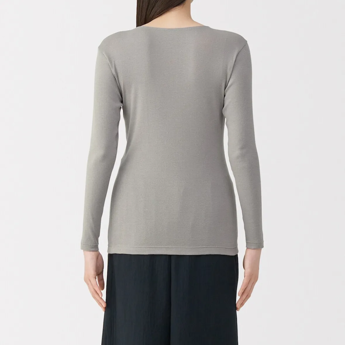 Sale Muji Camiseta manga larga con cuello en crew de algodón cálido para mujer