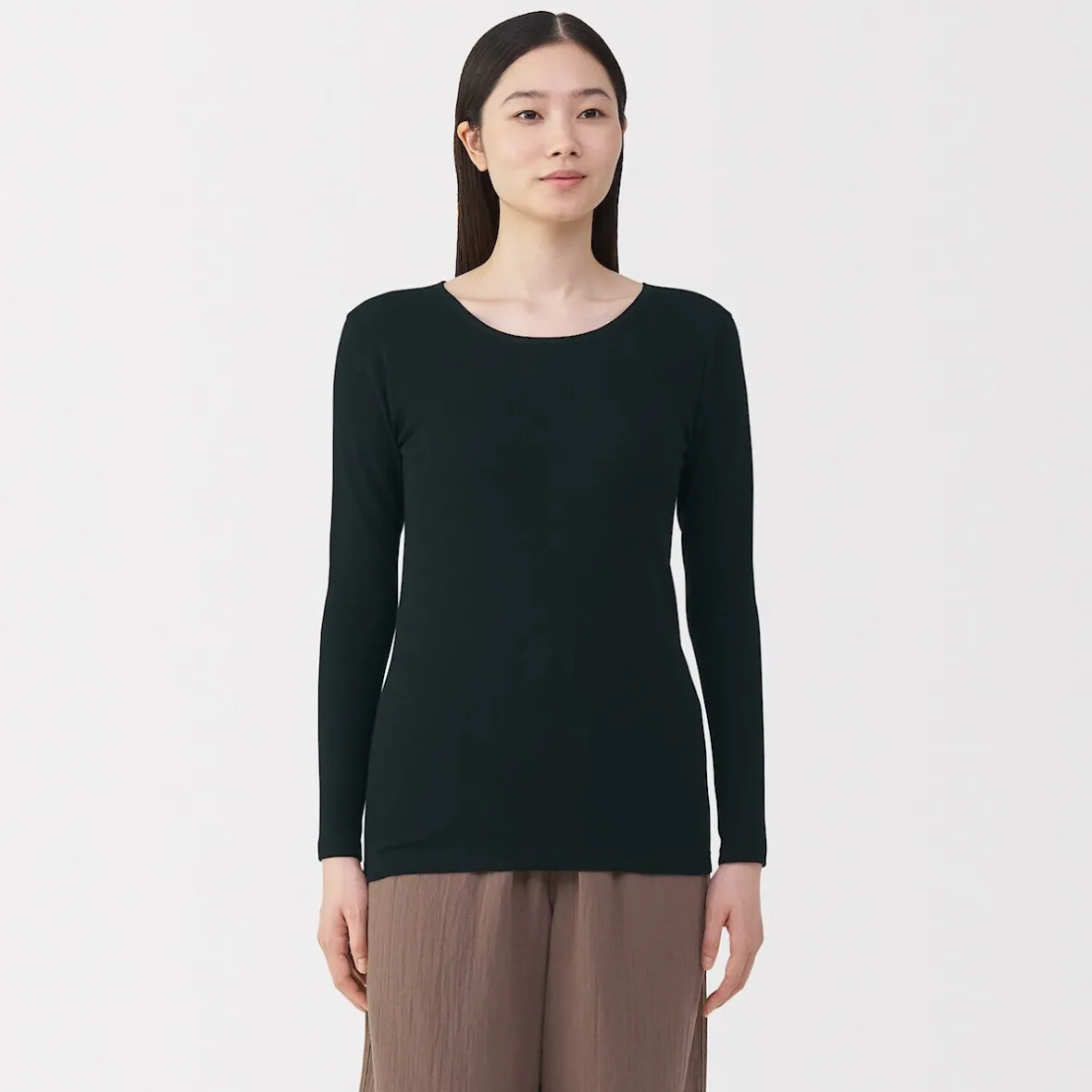 Sale Muji Camiseta manga larga con cuello en crew de algodón cálido para mujer