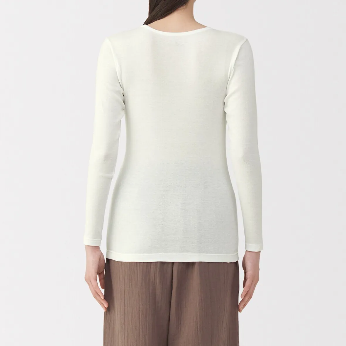 Sale Muji Camiseta manga larga con cuello en crew de algodón cálido para mujer