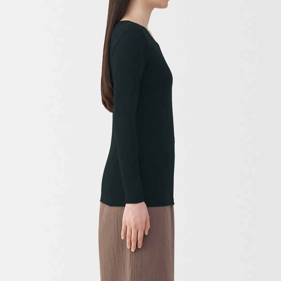 Sale Muji Camiseta manga larga con cuello en crew de algodón cálido para mujer
