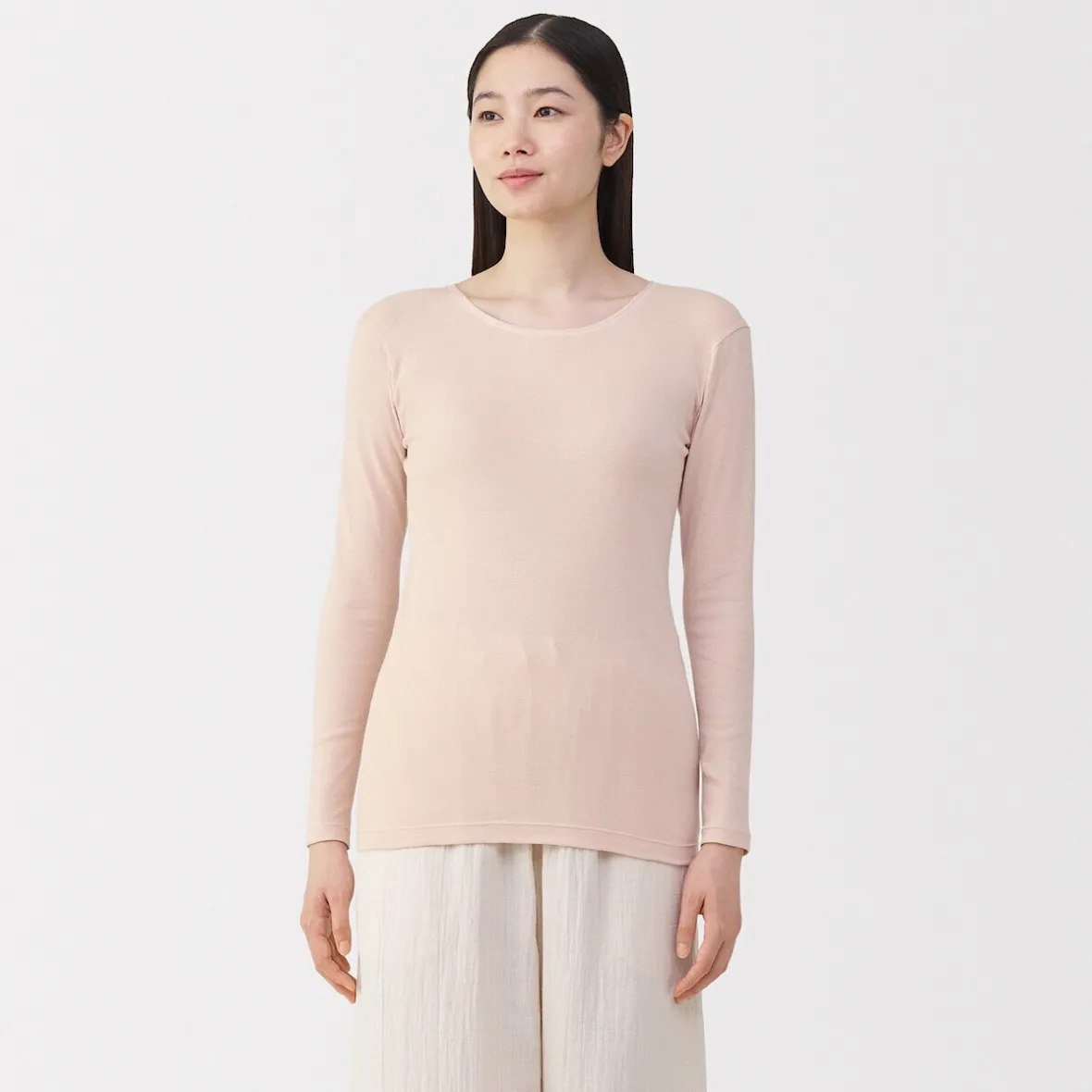 Sale Muji Camiseta manga larga con cuello en crew de algodón cálido para mujer