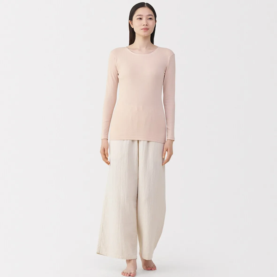 Sale Muji Camiseta manga larga con cuello en crew de algodón cálido para mujer