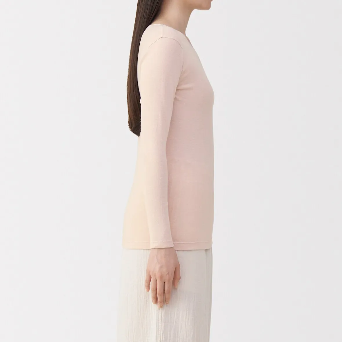 Sale Muji Camiseta manga larga con cuello en crew de algodón cálido para mujer