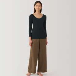 Muji Camiseta manga larga con cuello en U de algodón cálido para mujer