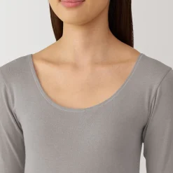 Muji Camiseta manga larga con cuello en U de algodón cálido para mujer