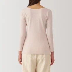 Muji Camiseta manga larga con cuello en U de algodón cálido para mujer
