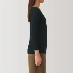 Muji Camiseta manga larga con cuello en U de algodón cálido para mujer