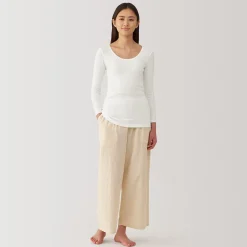 Muji Camiseta manga larga con cuello en U de algodón cálido para mujer