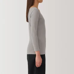 Muji Camiseta manga larga con cuello en U de algodón cálido para mujer