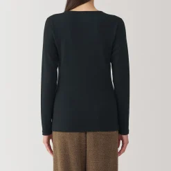 Clearance Muji Camiseta manga larga con cuello redondo de algodón cálido y lana para mujer