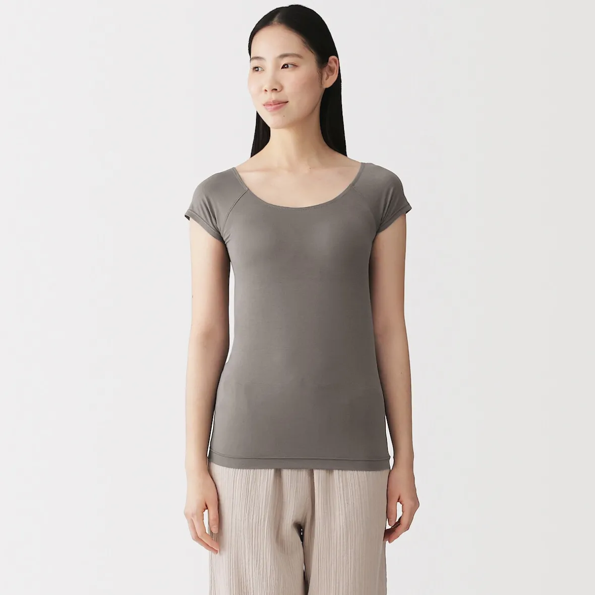 Hot Muji Camiseta top sujetador lisa en mezcla de lyocell con manga de casquillo para mujer