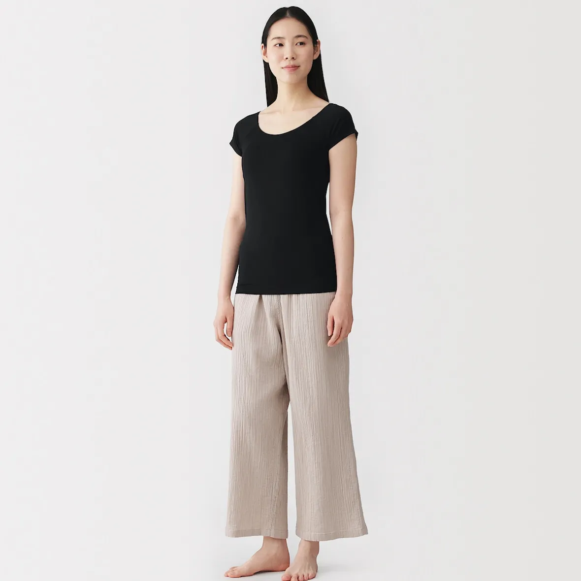 Hot Muji Camiseta top sujetador lisa en mezcla de lyocell con manga de casquillo para mujer