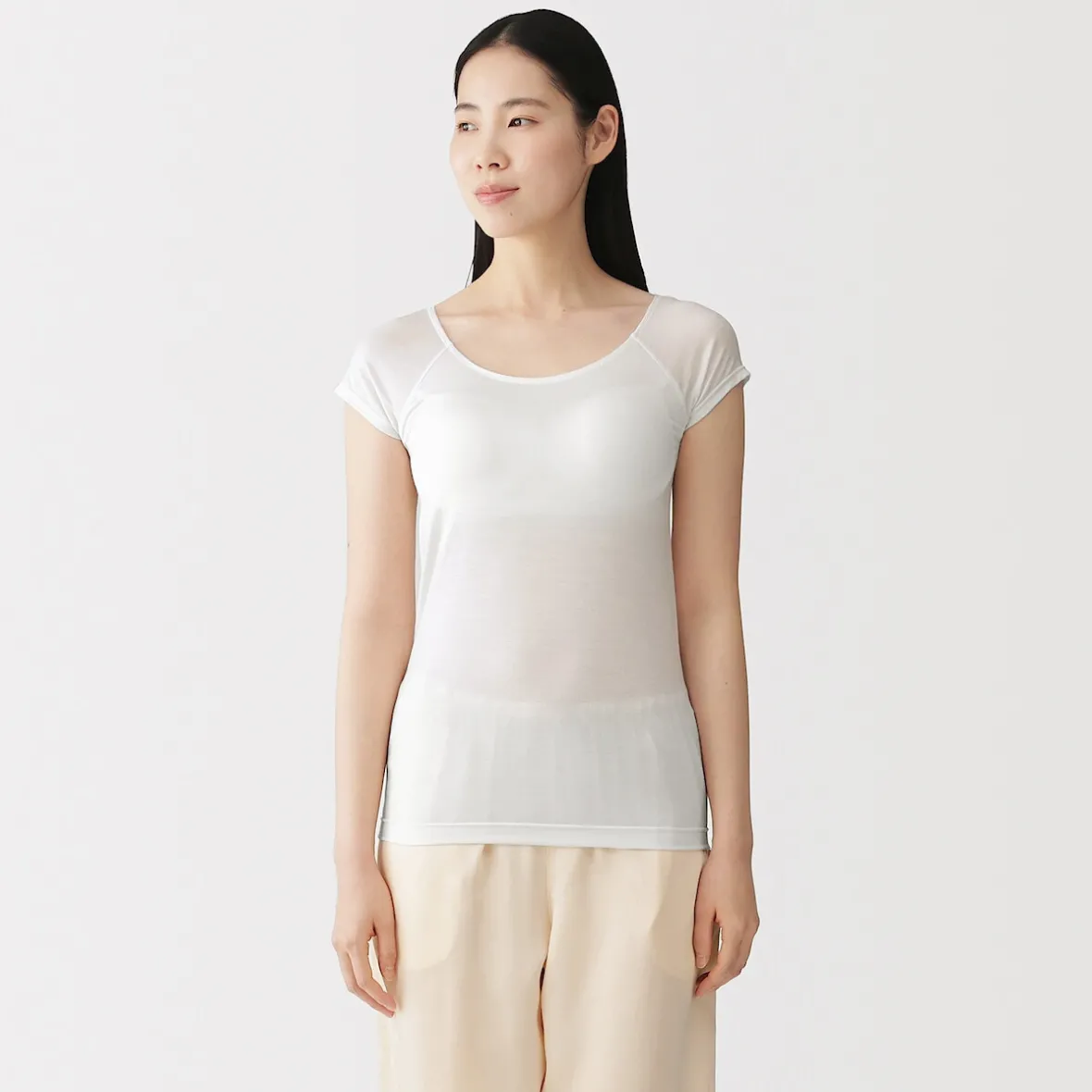 Hot Muji Camiseta top sujetador lisa en mezcla de lyocell con manga de casquillo para mujer