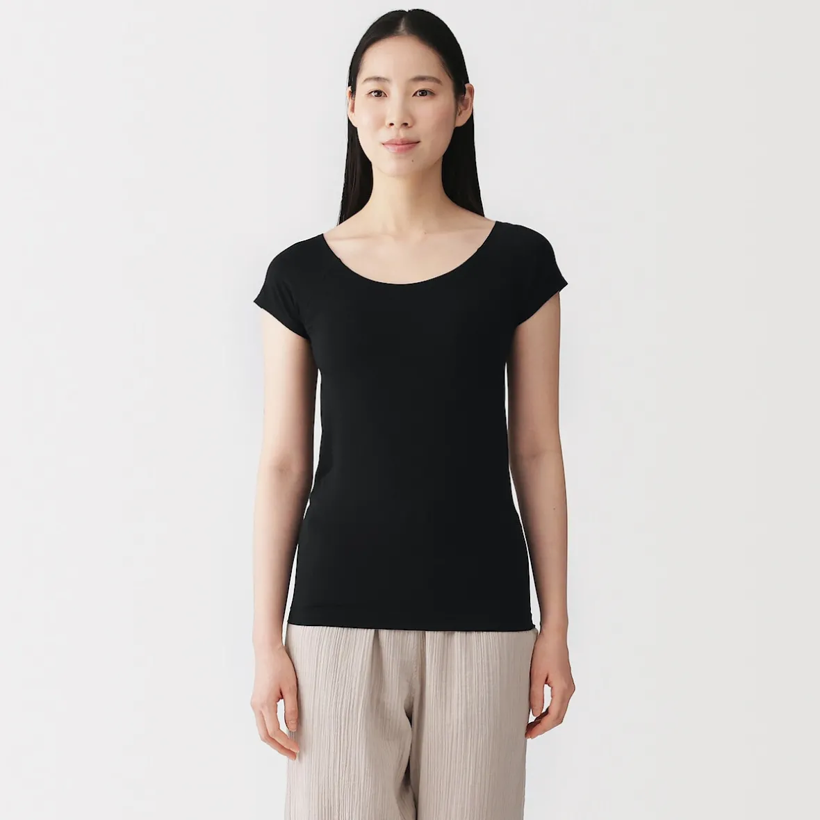 Hot Muji Camiseta top sujetador lisa en mezcla de lyocell con manga de casquillo para mujer