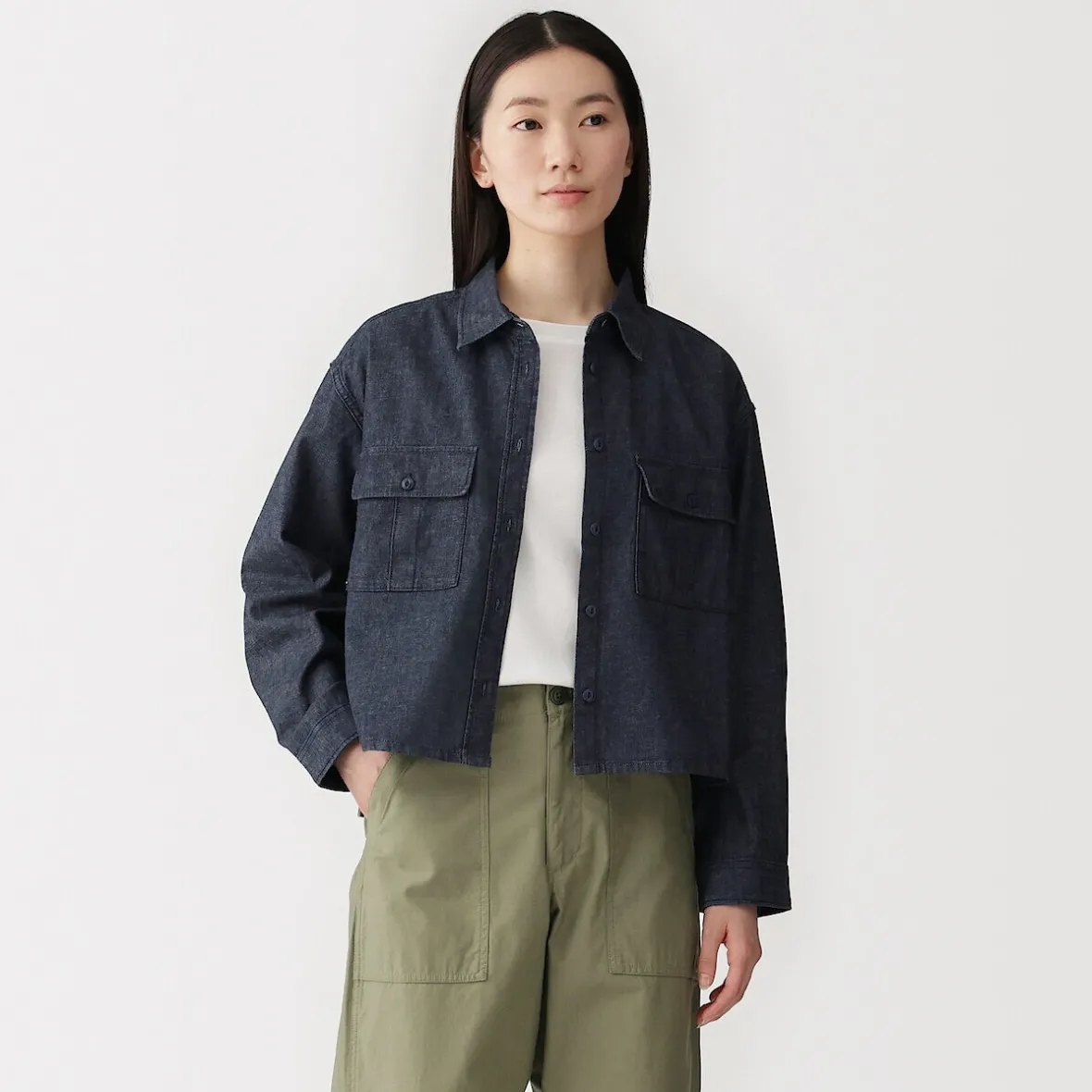 New Muji Chaqueta camisera ligera de tejido vaquero y mezcla de kapok para mujer Azul Marino Oscuro
