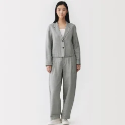 Sale Muji Chaqueta corta con patrón de espina de pez de mezcla de lino para mujer Gris