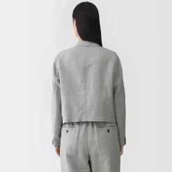 Sale Muji Chaqueta corta con patrón de espina de pez de mezcla de lino para mujer Gris