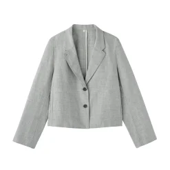 Sale Muji Chaqueta corta con patrón de espina de pez de mezcla de lino para mujer Gris