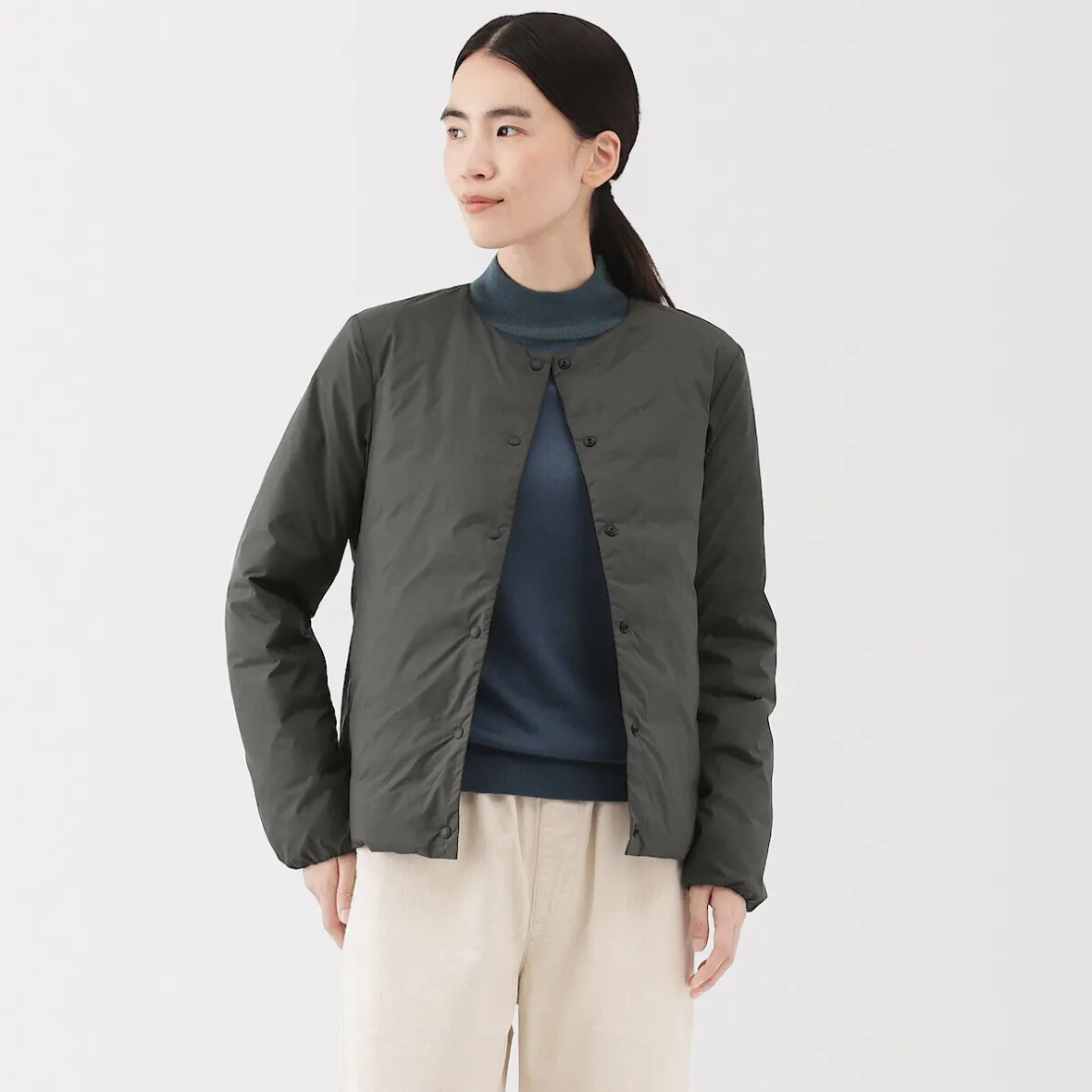 Best Muji Chaqueta ligera de plumón sin cuello de nailon reciclado para mujer