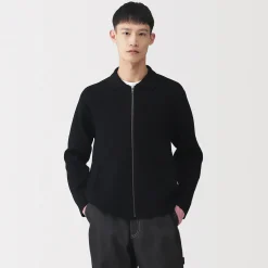 Outlet Muji Cárdigan con cremallera y cuello de canalé de punto milano de algodón para hombre