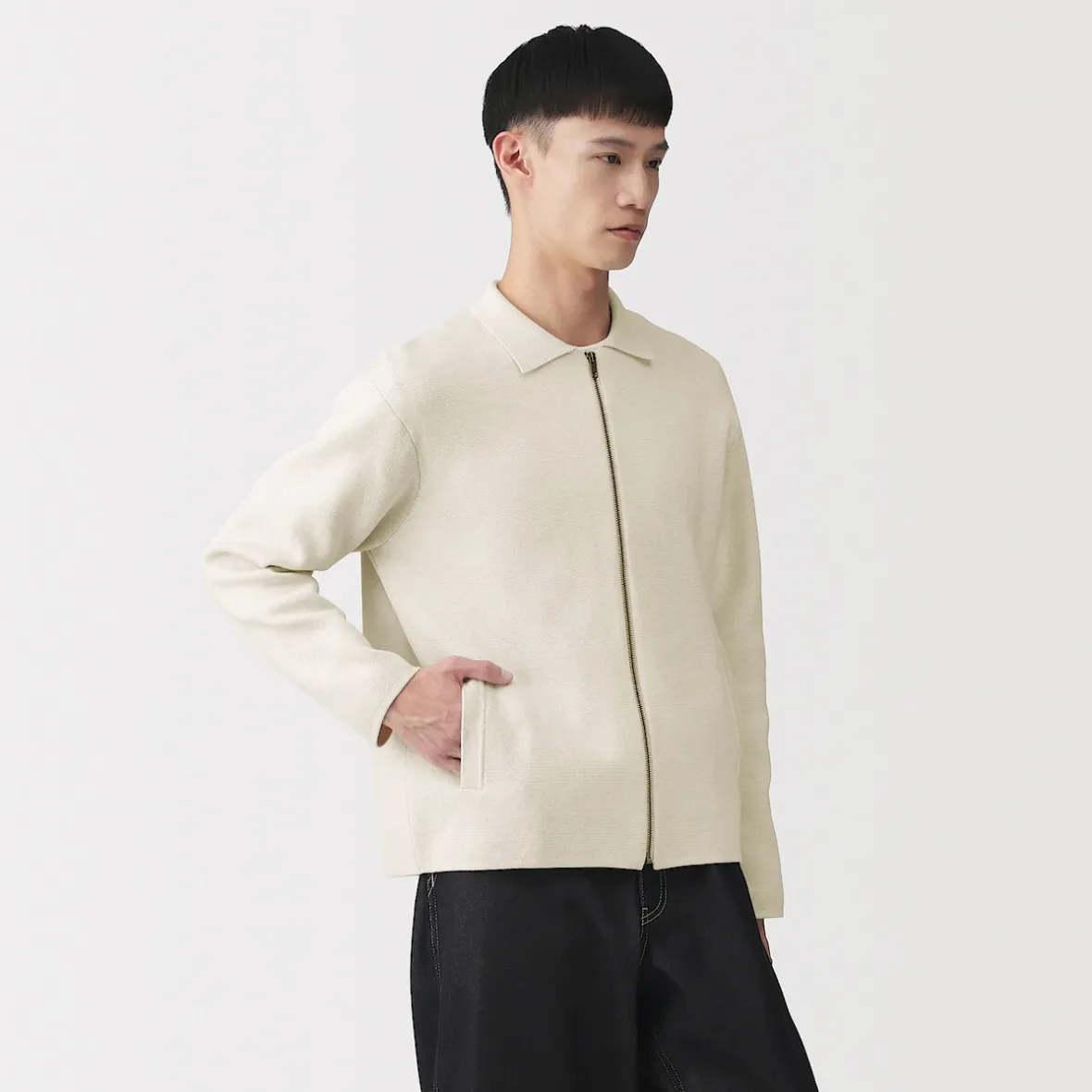 Outlet Muji Cárdigan con cremallera y cuello de canalé de punto milano de algodón para hombre