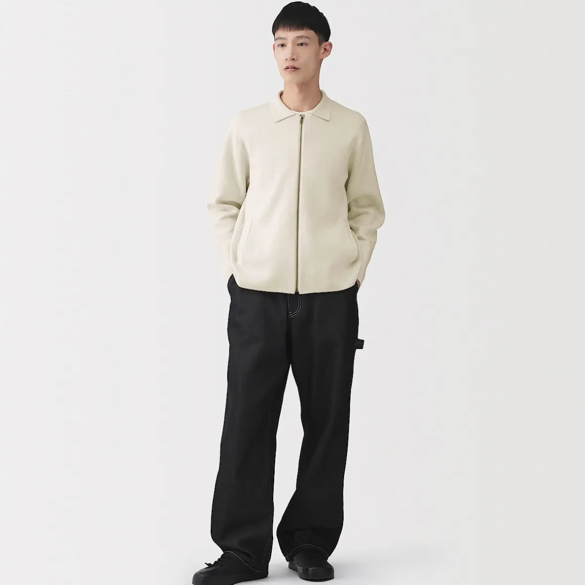 Outlet Muji Cárdigan con cremallera y cuello de canalé de punto milano de algodón para hombre