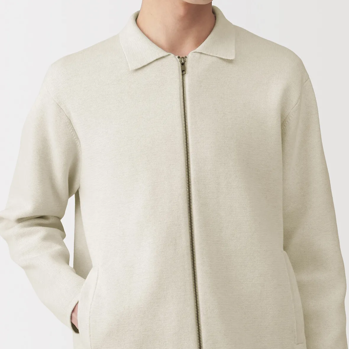 Outlet Muji Cárdigan con cremallera y cuello de canalé de punto milano de algodón para hombre