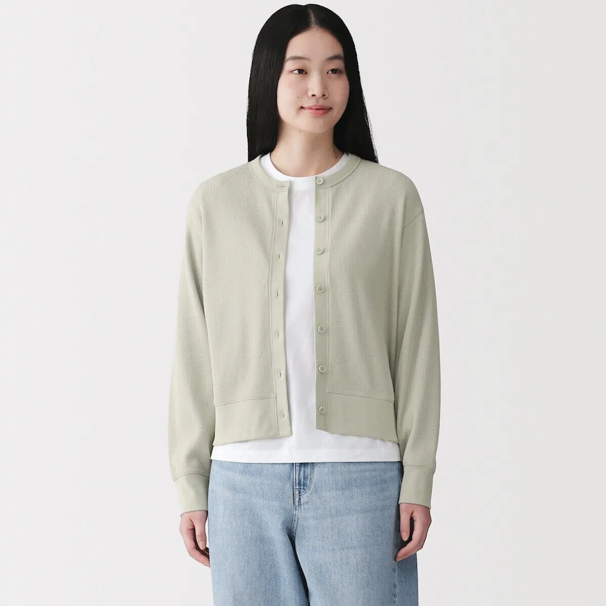 Clearance Muji Cárdigan de punto de algodón y tejido waffle con cuello redondo para mujer