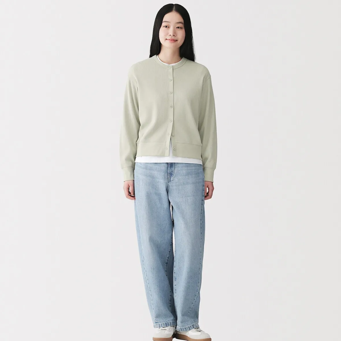 Clearance Muji Cárdigan de punto de algodón y tejido waffle con cuello redondo para mujer