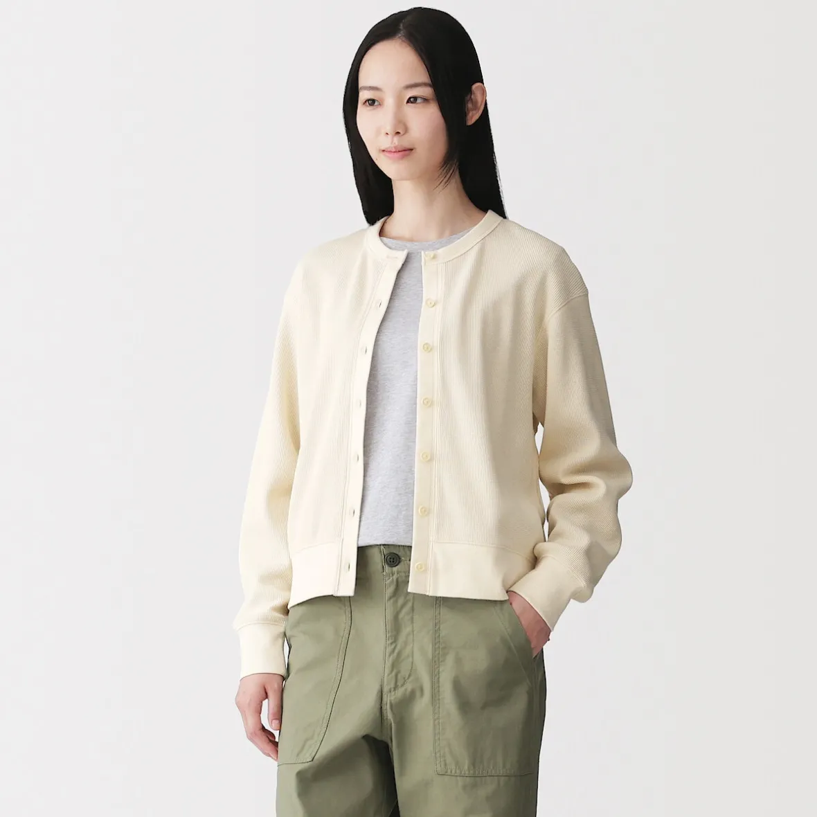 Clearance Muji Cárdigan de punto de algodón y tejido waffle con cuello redondo para mujer